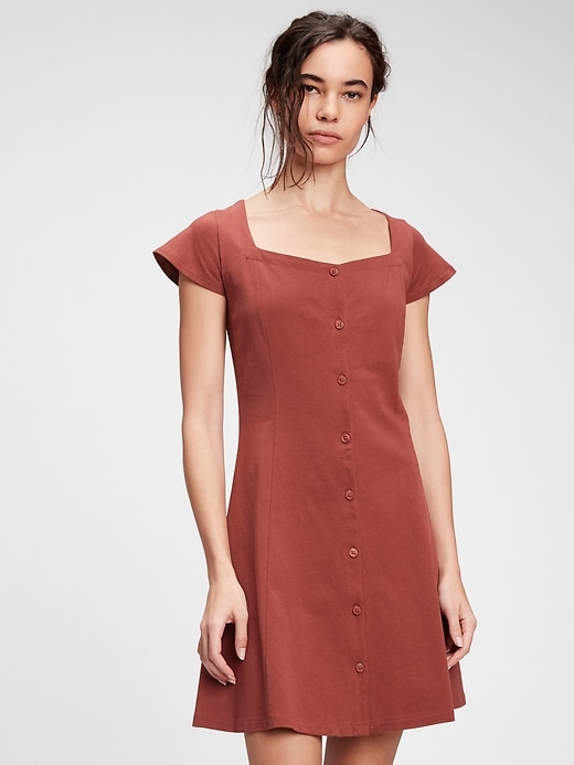 1 of 8 showing, with the color burnt russet red of product Button-Front Flare Dress