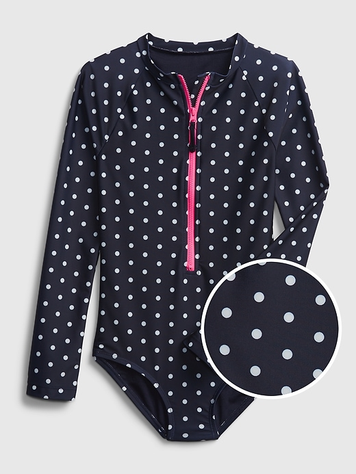 1 of 8 showing, with the color navy dot of product Kids Recycled Polk-A-Dot Swim Rash Guard One-Piece