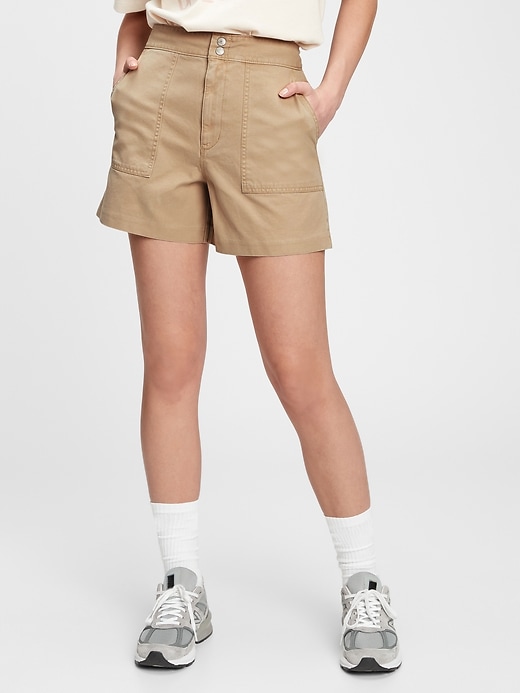 1 of 8 showing, with the color iconic khaki of product Gap Originals High Rise Utility Khaki Shorts