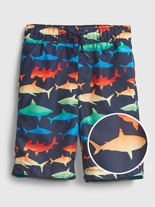 1 of 8 showing, with the color elysian blue of product Kids 100% Recycled Polyester Shark Graphic Board Shorts