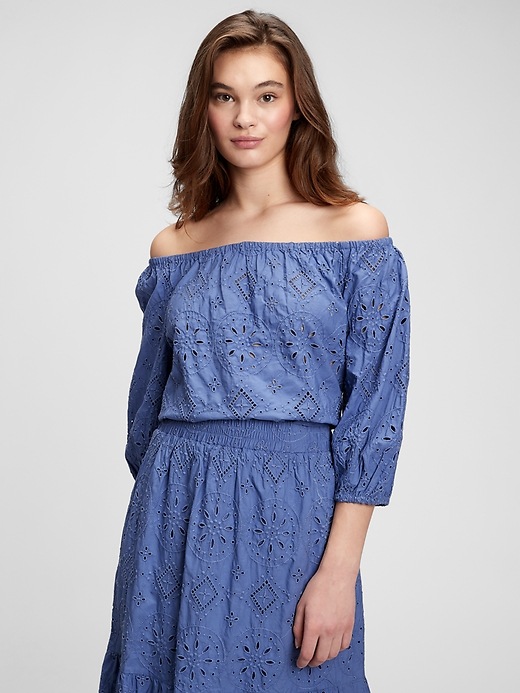 1 of 8 showing, with the color larkspur blue of product Off-Shoulder Eyelet Top