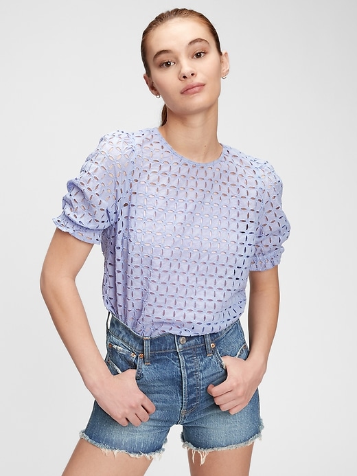 Image number 1 showing, Eyelet Puff Sleeve Top