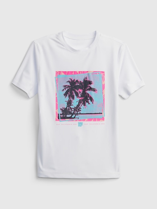 1 of 8 showing, with the color optic white of product Kids Recycled Palm Tree Graphic Swim Rash Guard Top