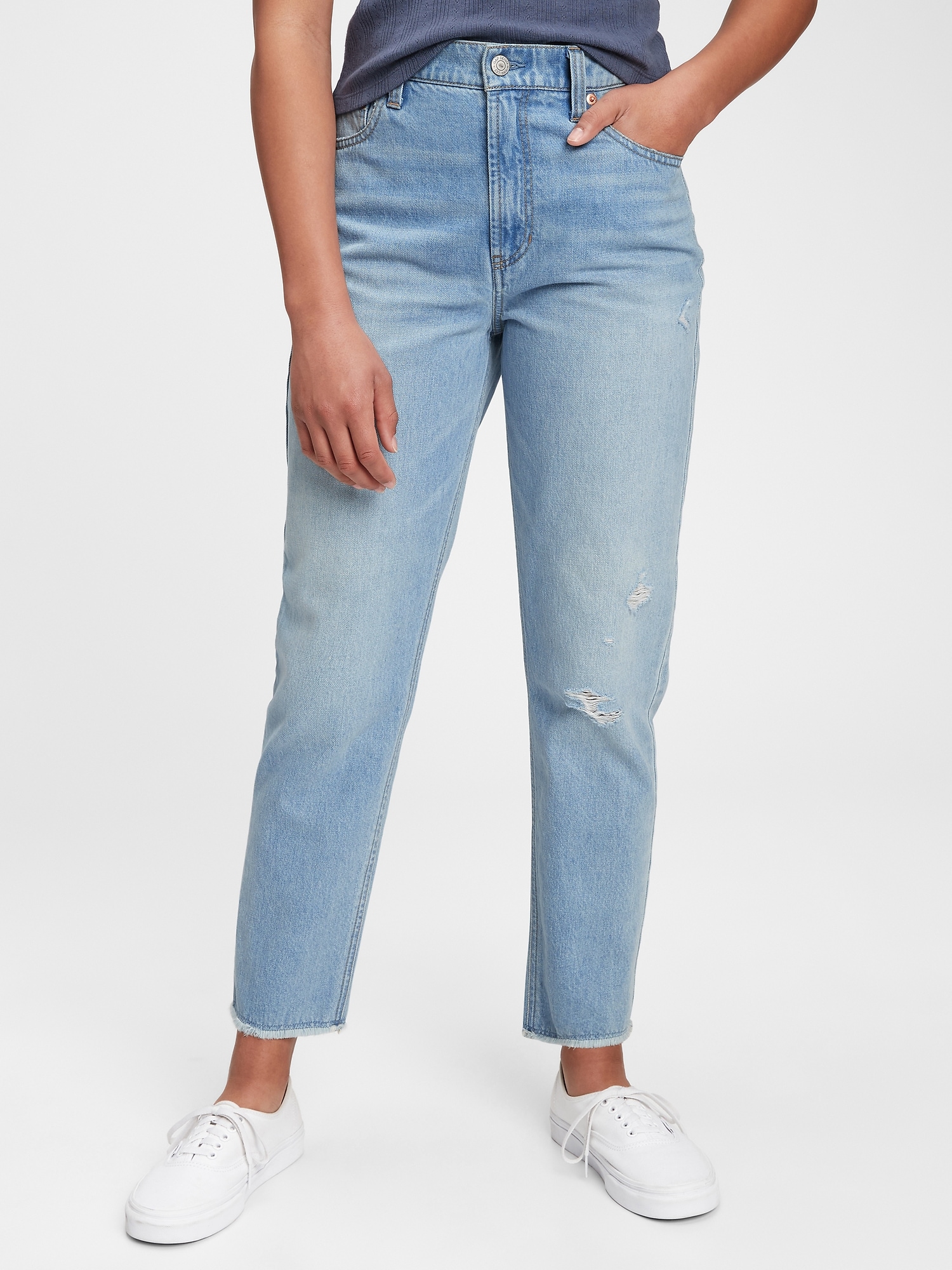 Teen Distressed Sky High-Rise Mom Jeans