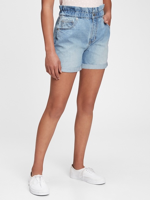 1 of 8 showing, with the color medium wash of product Teen Sky-High Rise Mom Jean Shorts