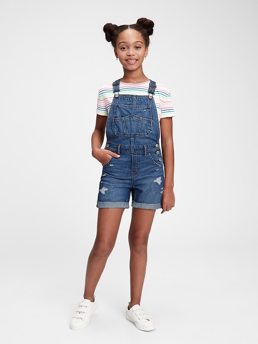 2 of 8 showing, with the color medium wash of product Kids Distressed Denim Shortalls