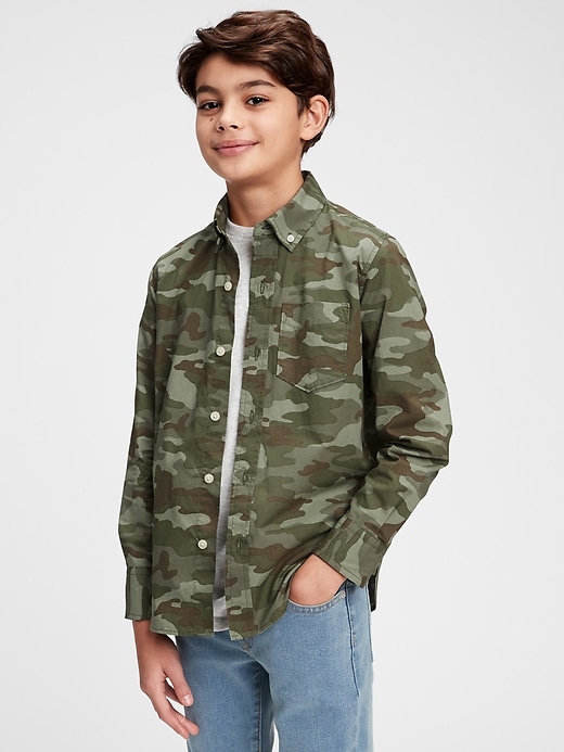 2 of 8 showing, with the color green camo of product Kids Camo Poplin Shirt