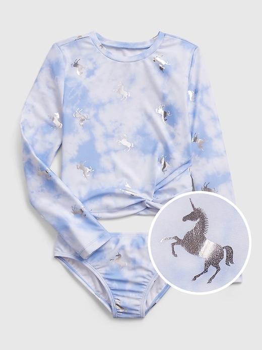 1 of 8 showing, with the color blue tie dye of product Kids Recycled Twist Swim Two-Piece Rash Guard