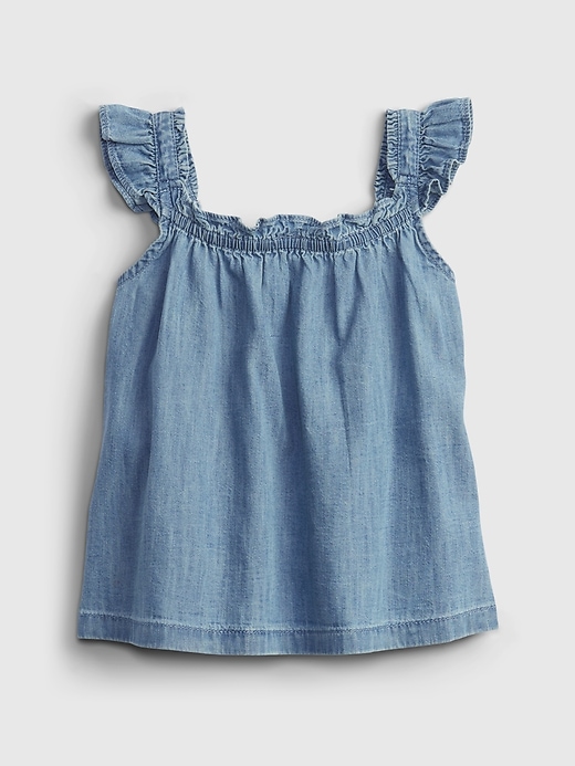2 of 8 showing, with the color medium wash of product Toddler Denim Ruffle Top