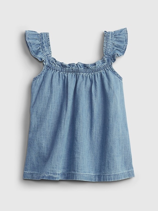1 of 8 showing, with the color medium wash of product Toddler Denim Ruffle Top