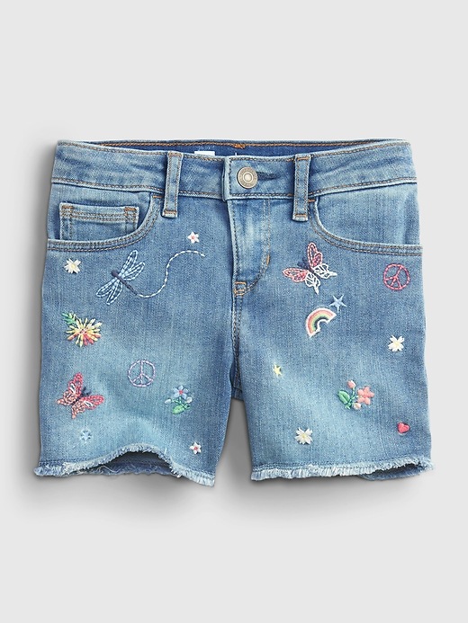 2 of 8 showing, with the color medium wash of product Kids Embroidered Midi Shorts with Stretch