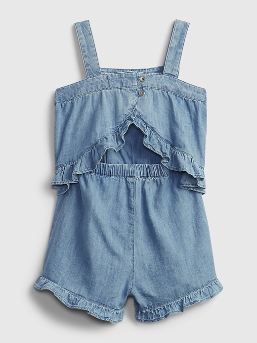 2 of 8 showing, with the color medium wash of product Toddler Denim Ruffle Romper