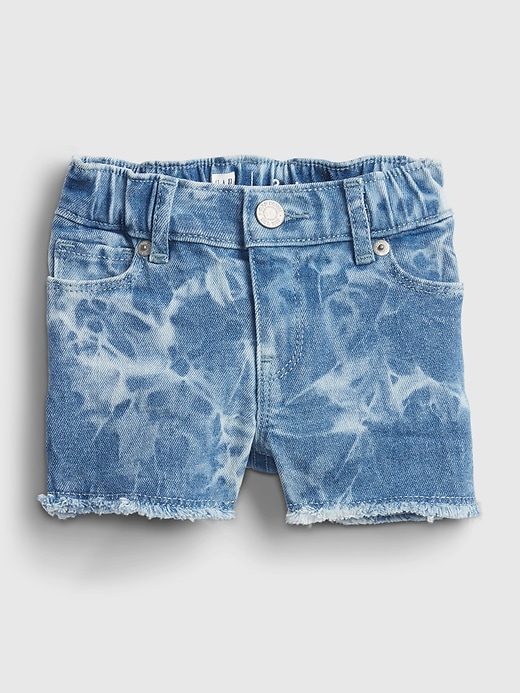 1 of 8 showing, with the color blue tie dye of product Toddler Elasticized Pull-On Tie-Dye Denim Shortie Shorts with Stretch