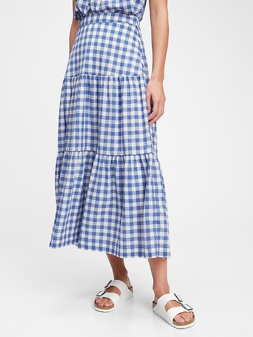 1 of 8 showing, with the color blue gingham of product Tiered Maxi Skirt