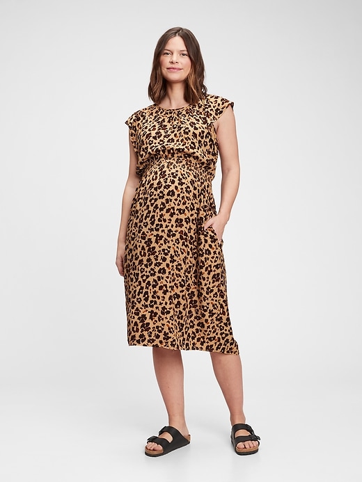 1 of 8 showing, with the color leopard print of product Maternity Smocked Flutter Sleeve Dress