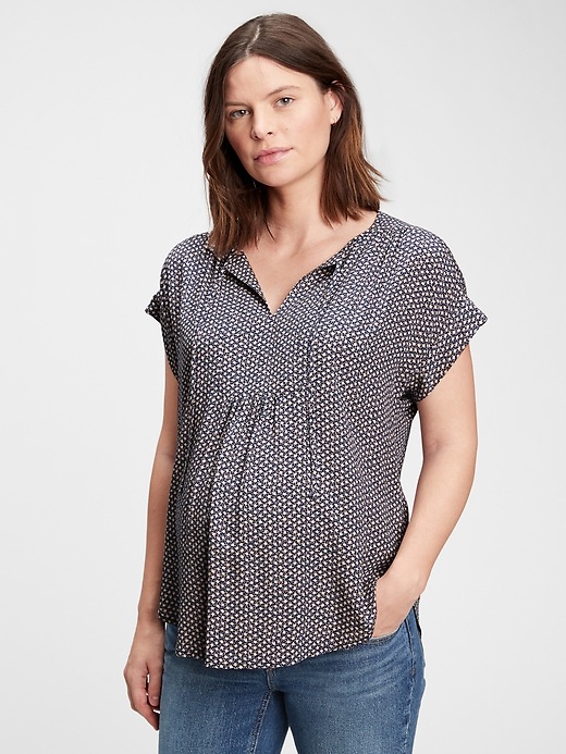 1 of 8 showing, with the color geo print of product Maternity Popover Bib Top