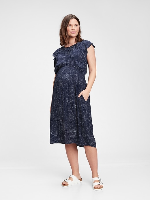 1 of 8 showing, with the color indigo blue dot of product Maternity Smocked Flutter Sleeve Dress