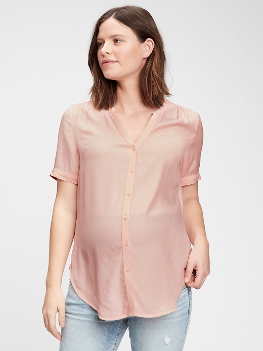 1 of 8 showing, with the color soft pink of product Maternity Button-Front Shirt