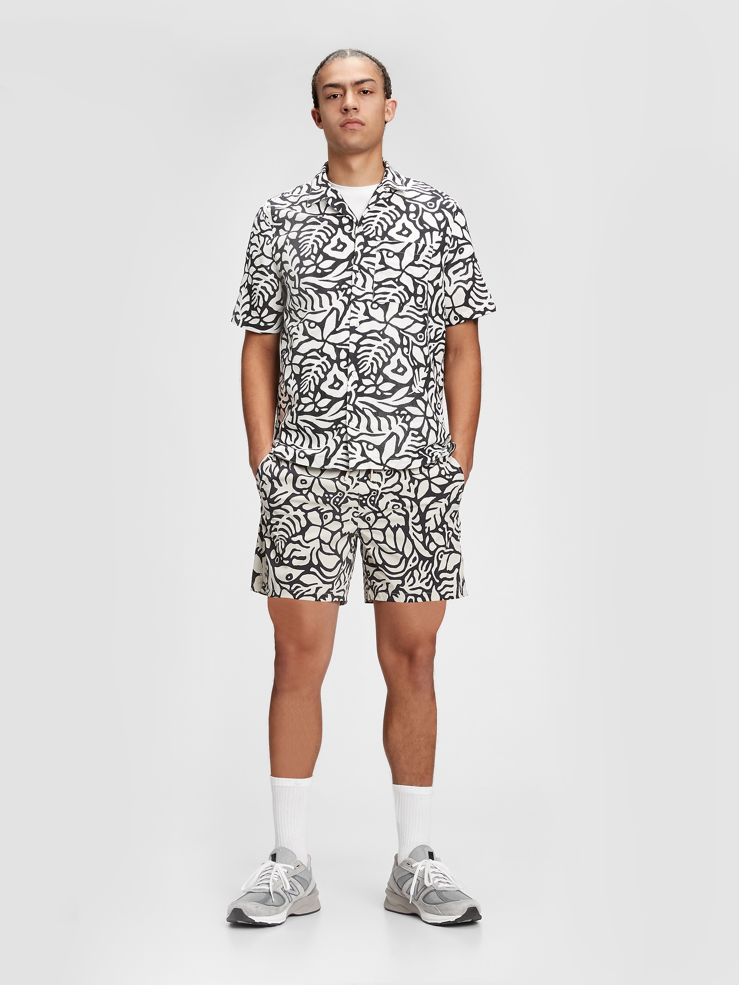 Linen-Cotton Button-Front Shirt - White/Black Floral