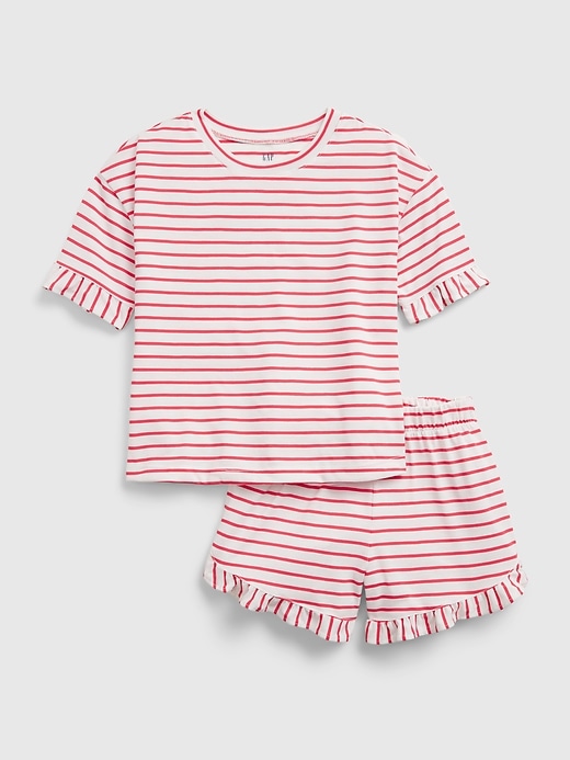1 of 8 showing, with the color off white stripe of product Kids 100% Recycled Stripe Ruffle PJ Set