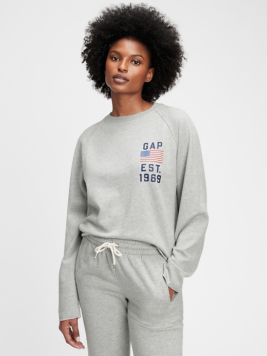 1 of 8 showing, with the color heather grey of product Gap Logo Raw Hem Crewneck Sweatshirt