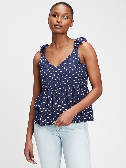 1 of 8 showing, with the color navy blue geo print of product Shoulder-Tie Tank Top