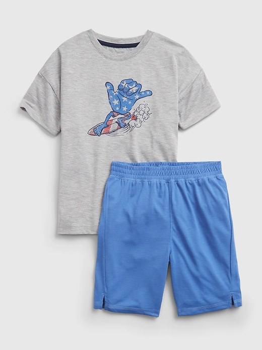1 of 8 showing, with the color light heather gray of product Kids 100% Recycled USA Graphic PJ Set