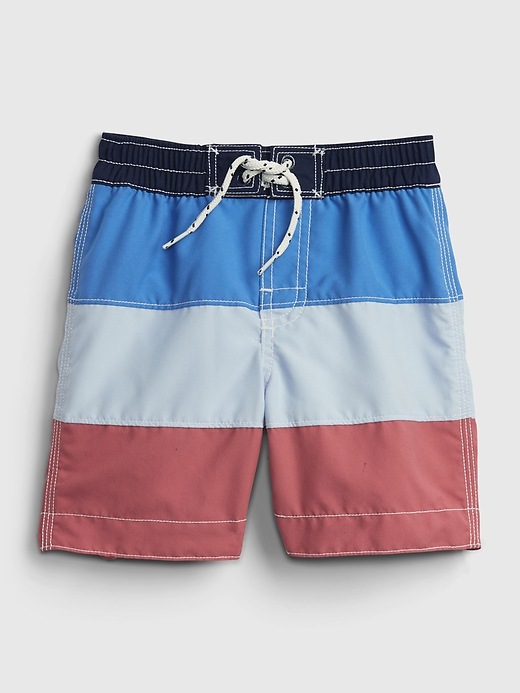 1 of 8 showing, with the color elysian blue of product Toddler 100% Recycled Polyester Colorblock Swim Trunks