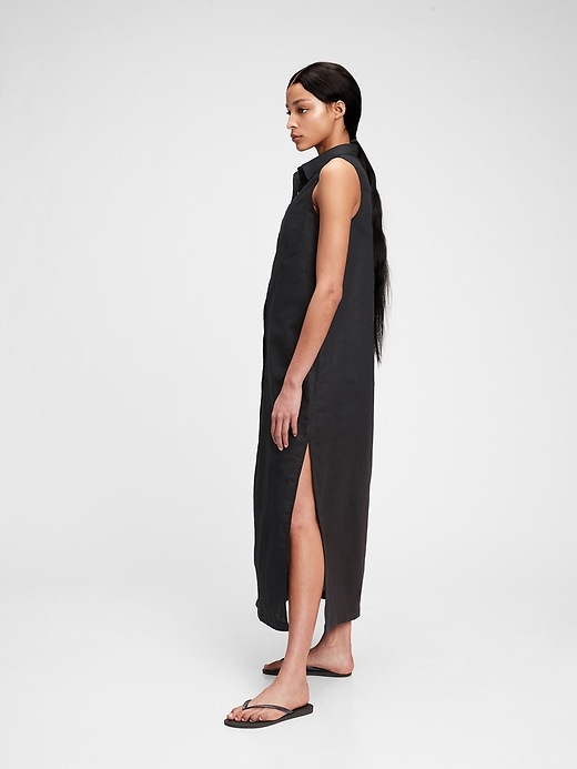 1 of 8 showing, with the color true black of product Linen Maxi Shirtdress