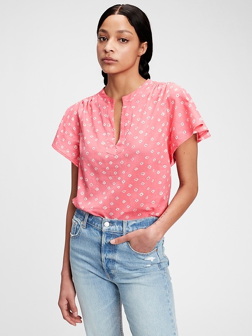 1 of 8 showing, with the color pink geo of product Ruffle Sleeve Top