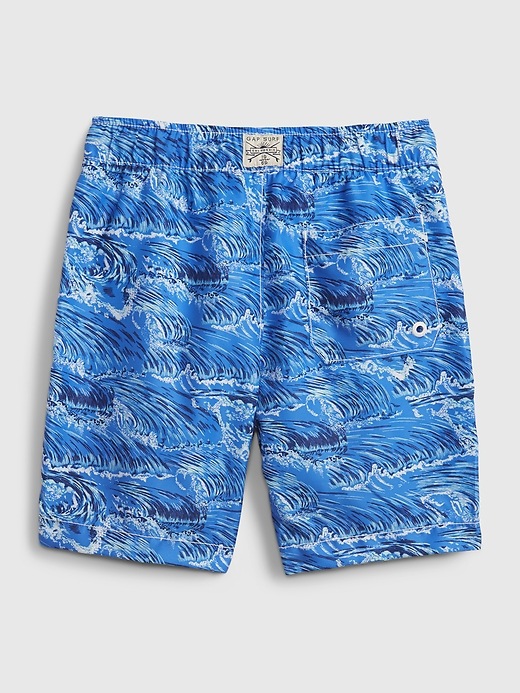 2 of 8 showing, with the color deep blue of product Kids 100% Recycled Wave Graphic Swim Trunks