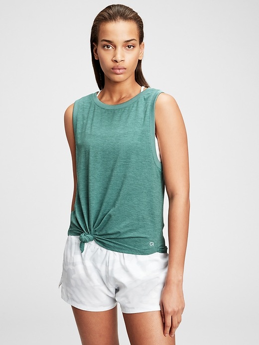1 of 8 showing, with the color boggy green of product GapFit Brushed Tech Jersey Knot-Hem Tank Top