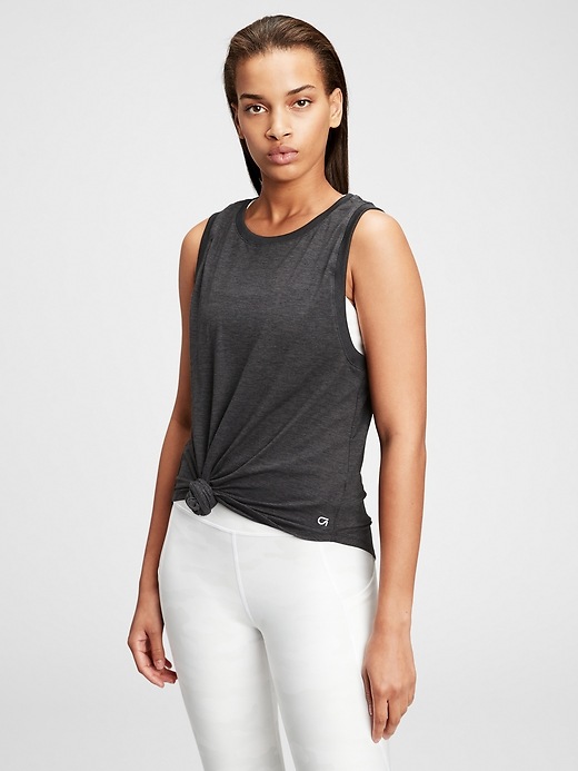 1 of 8 showing, with the color true black of product GapFit Brushed Tech Jersey Knot-Hem Tank Top