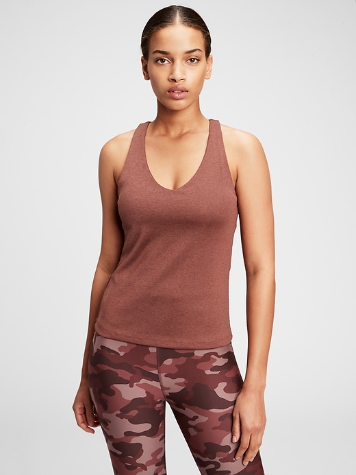 1 of 8 showing, with the color cherrywood brown of product GapFit Brushed Tech Jersey Ribbed Racerback Shelf Tank Top
