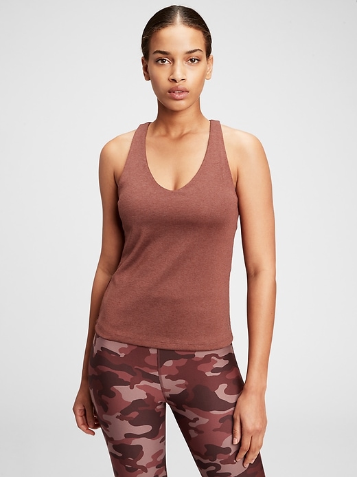 View large product image 1 of 1. GapFit Brushed Tech Jersey Ribbed Racerback Shelf Tank Top