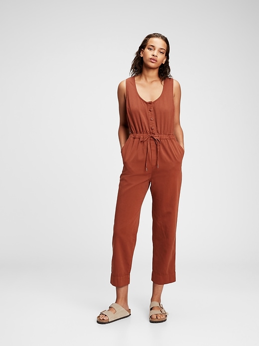 1 of 8 showing, with the color copper brown of product Sleeveless Button-Front Jumpsuit