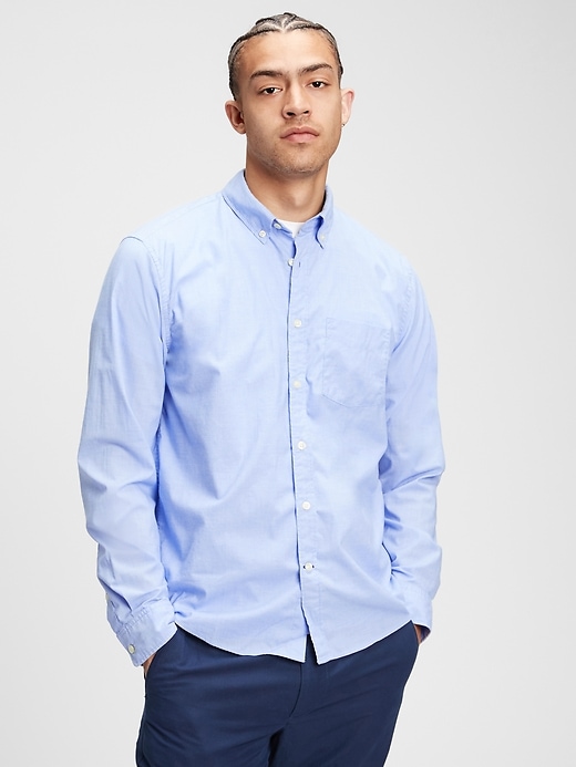1 of 8 showing, with the color light blue of product Lived-In Stretch Poplin Shirt In Untucked Fit