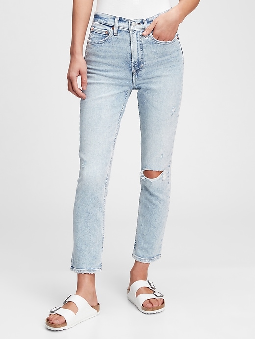 1 of 8 showing, with the color destructed light indigo of product High Rise Destructed Vintage Slim Jeans