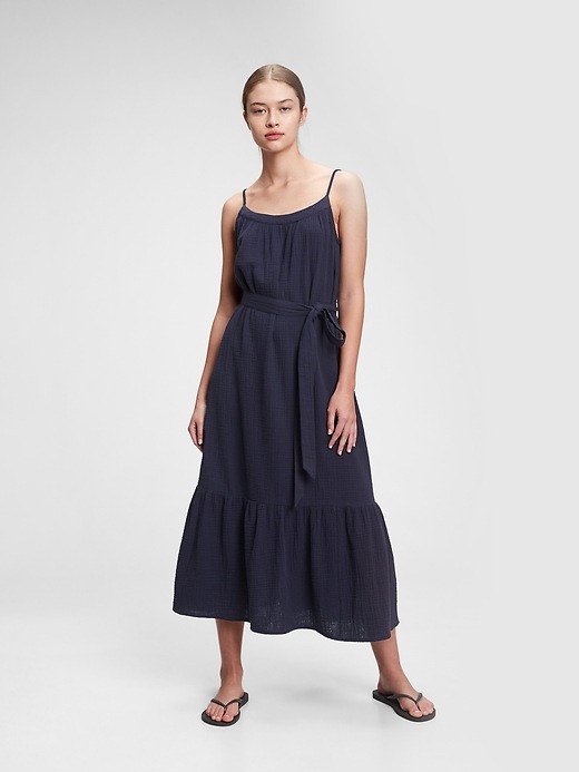 1 of 8 showing, with the color navy blue of product Gauze Cami Midi Dress