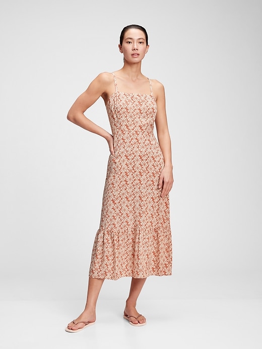 1 of 8 showing, with the color brown & white geo print of product Squareneck Fit & Flare Midi Dress