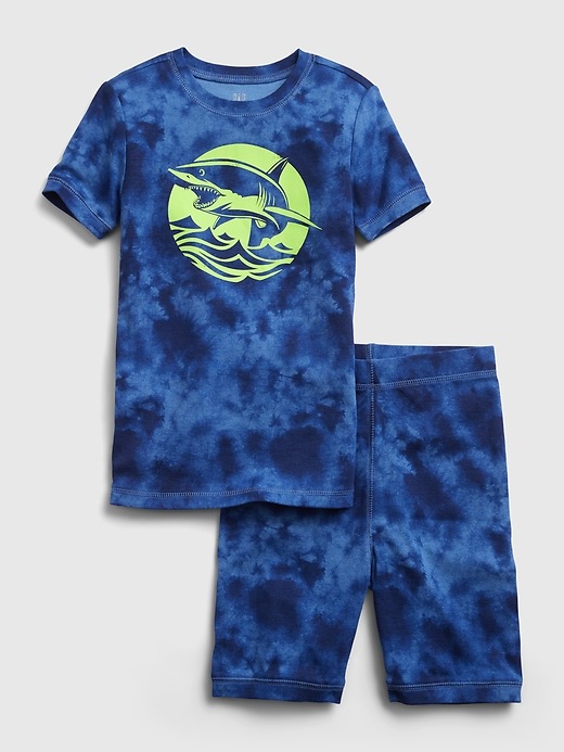 1 of 8 showing, with the color bicoastal blue of product Kids 100% Organic Cotton Tie-Dye Shark Graphic PJ Set