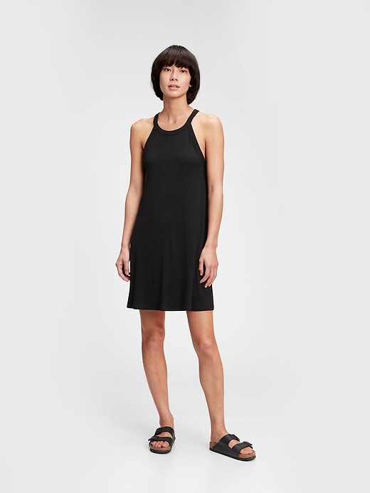 1 of 8 showing, with the color true black of product Halter-Neck Mini Swing Dress