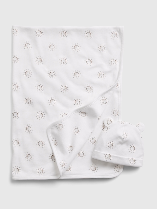 1 of 8 showing, with the color white of product Baby First Favorite 100% Organic Cotton Blanket and Hat Set