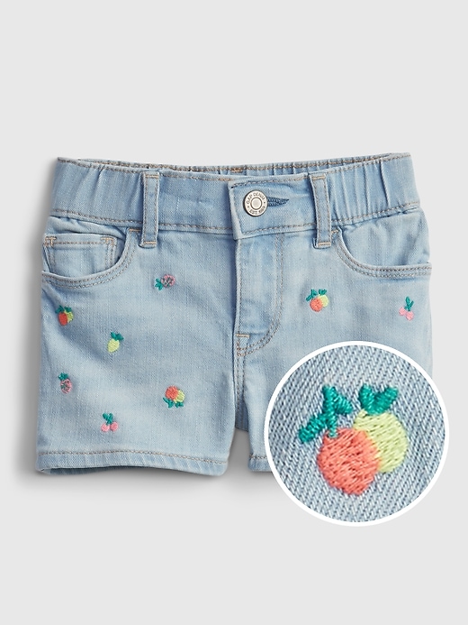 1 of 8 showing, with the color multi fruit of product Toddler Denim Fruit Graphic Shortie Shorts with Washwell™