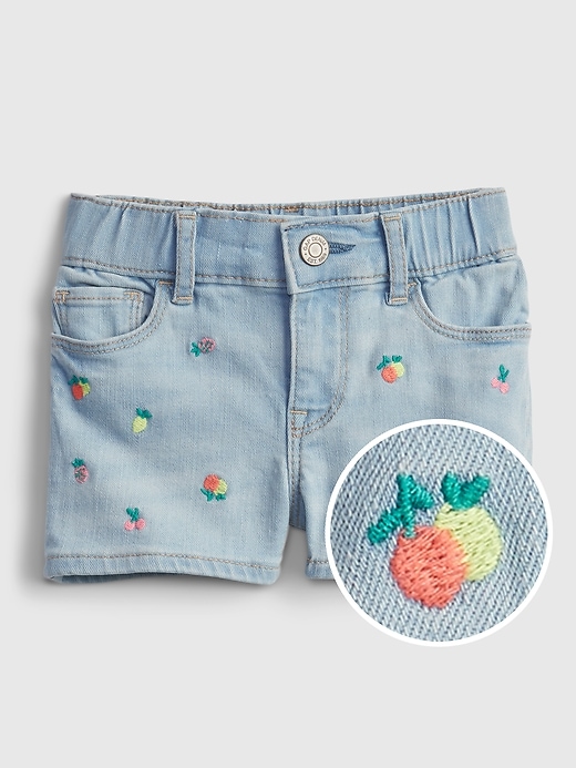 Image number 1 showing, Toddler Denim Fruit Graphic Shortie Shorts with Washwell&#153