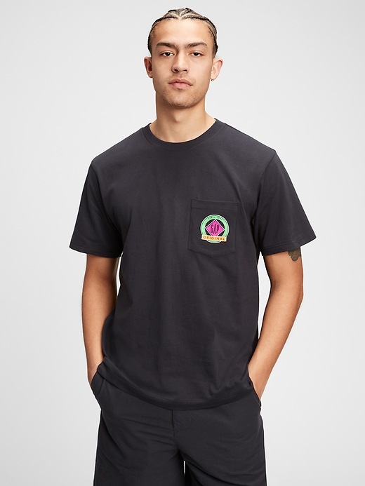 1 of 8 showing, with the color black moonless night of product 100% Organic Cotton Graphic Pocket T-Shirt