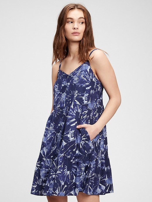 1 of 8 showing, with the color navy blue print of product Button-Front Tiered Dress