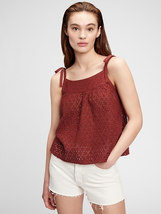 View large product image 1 of 1. Shoulder-Tie Eyelet Cami