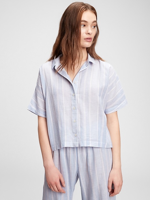 1 of 8 showing, with the color bicoastal blue stripe of product Dreamwell Crinkle Button-Front Shirt