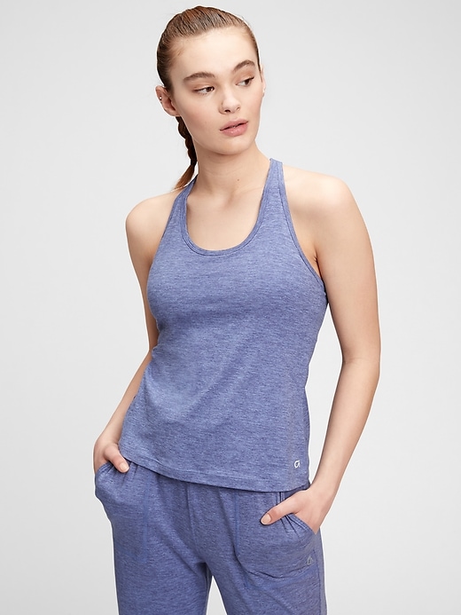 1 of 8 showing, with the color larkspur blue of product Brushed Tech Jersey Shelf Tank Top